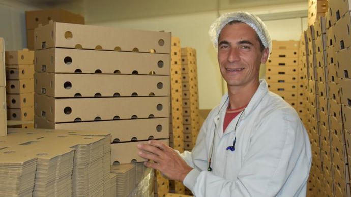 Pascal, 45 ans. Après avoir travaillé pendant plusieurs années dans un abattoir dont il garde des séquelles au niveau des épaules, il ne souffre plus, dit-il. « En changeant de boulot, j’ai gagné en confort de travail ». Il seconde aussi Charlène, au laboratoire de transformation. © R. Aries/GFA